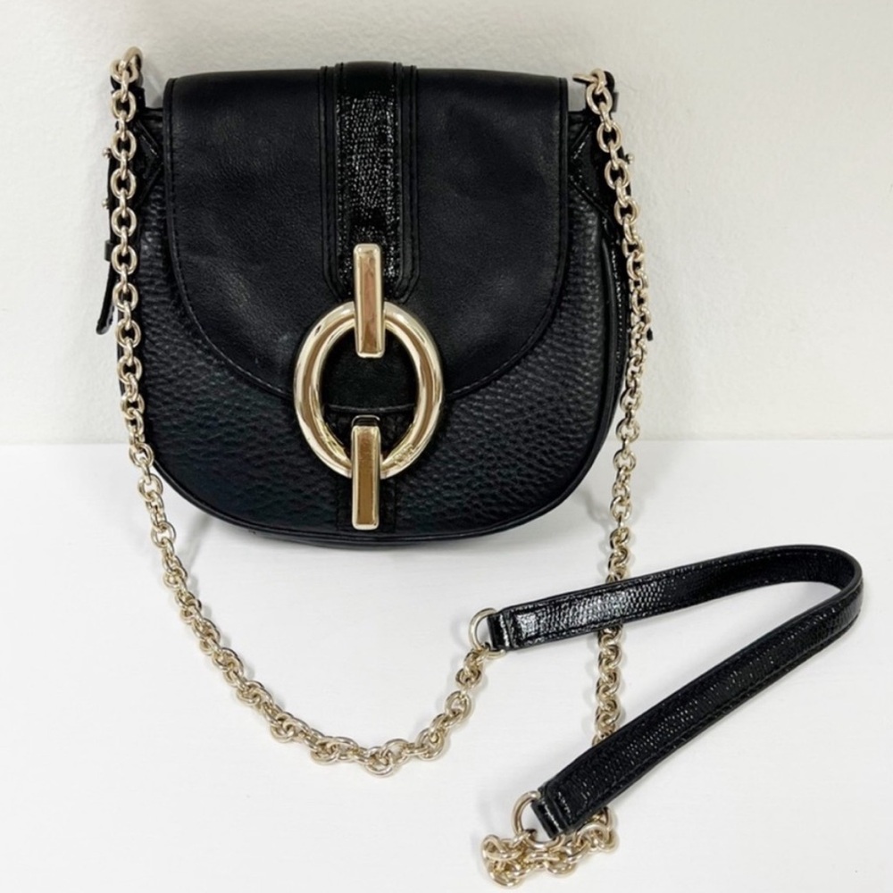 Diane von Furstenberg Sutra Mini Leather Crossbody bag purse black gold strap